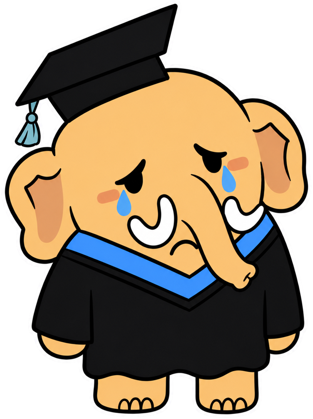 The Mastodon mascot wearing a university gown, crying